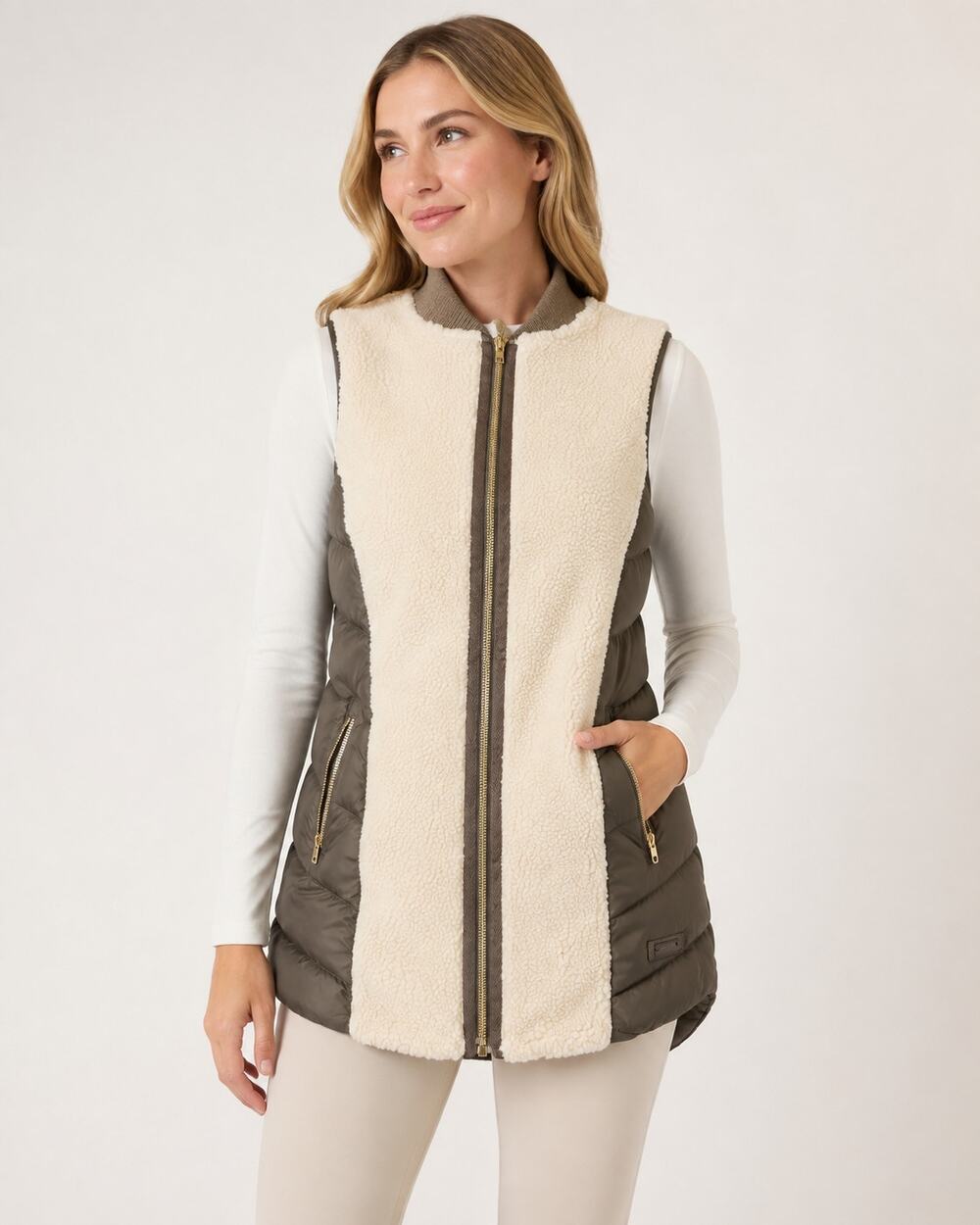 Athleta Tundra Sherpa Goose Down Puffer Vest Ivory Taupe Women’s SM Outdoors
